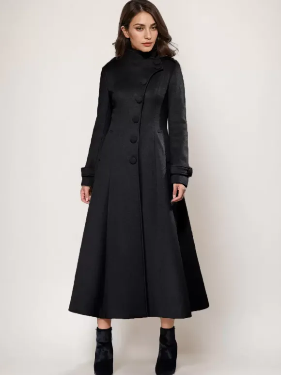 Manteau long en laine mélangée A-line évasé col montant élégant gris vintage vêtements d'extérieur d'hiver pour femmes 2026