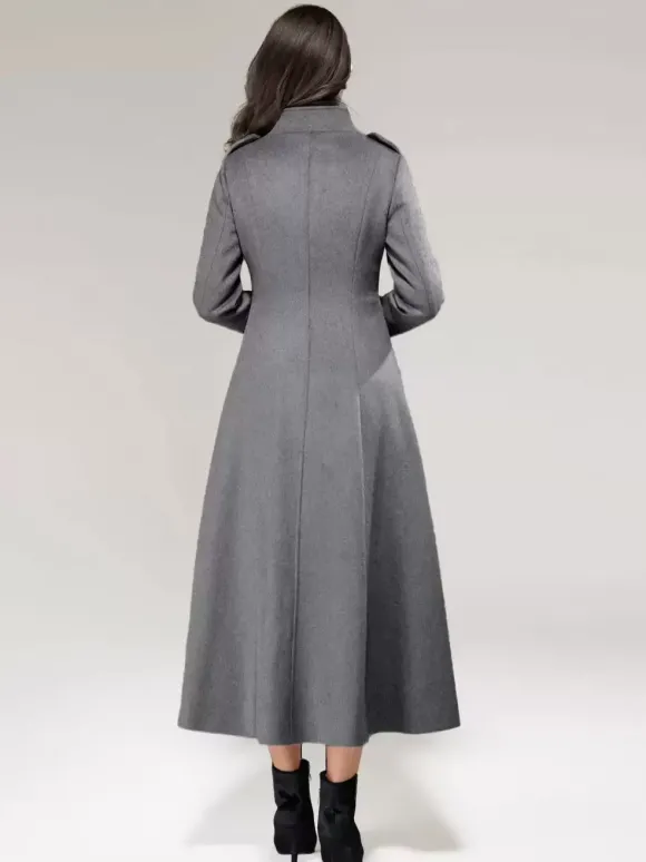 Manteau long en laine mélangée A-line évasé col montant élégant gris vintage vêtements d'extérieur d'hiver pour femmes 2026