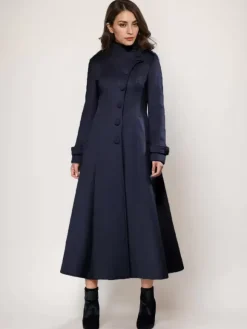 Manteau long en laine mélangée A-line évasé col montant élégant gris vintage vêtements d'extérieur d'hiver pour femmes 2026