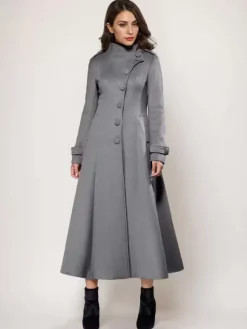 Manteau long en laine mélangée A-line évasé col montant élégant gris vintage vêtements d'extérieur d'hiver pour femmes 2026
