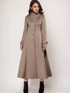 Manteau long en laine mélangée A-line évasé col montant élégant gris vintage vêtements d'extérieur d'hiver pour femmes 2026