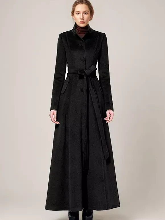 Manteau long en laine mélangée à col montant avec ceinture vêtement d'extérieur d'hiver classique et chaud pour femme 2026