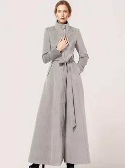 Manteau long en laine mélangée à col montant avec ceinture vêtement d'extérieur d'hiver classique et chaud pour femme 2026
