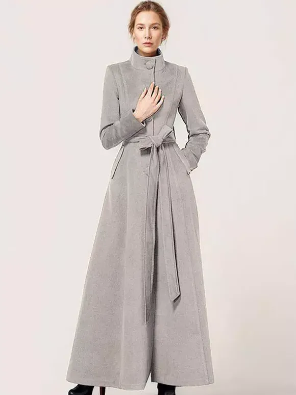 Manteau long en laine mélangée à col montant avec ceinture vêtement d'extérieur d'hiver classique et chaud pour femme 2026