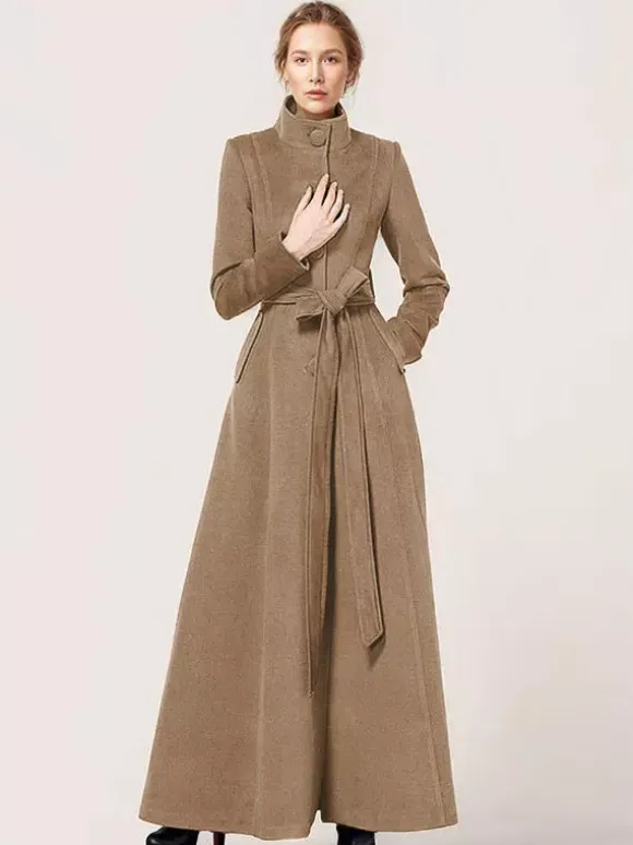 Manteau long en laine mélangée à col montant avec ceinture vêtement d'extérieur d'hiver classique et chaud pour femme 2026