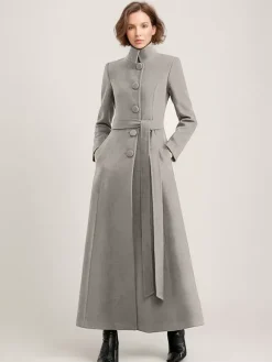 Manteau long en mélange de laine noir avec ceinture et col montant pour femme vêtement d'extérieur d'hiver long pour femme 2026