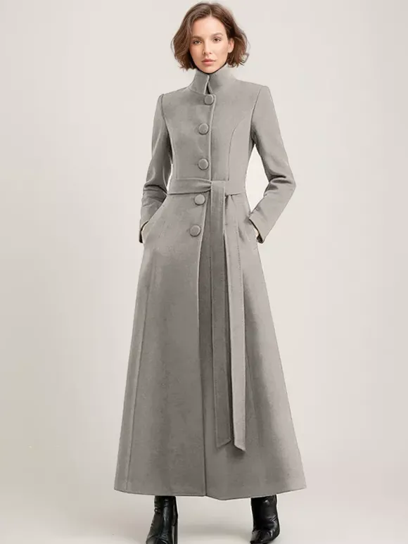 Manteau long en mélange de laine noir avec ceinture et col montant pour femme vêtement d'extérieur d'hiver long pour femme 2026