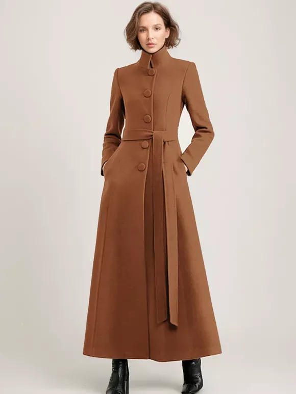 Manteau long en mélange de laine noir avec ceinture et col montant pour femme vêtement d'extérieur d'hiver long pour femme 2026