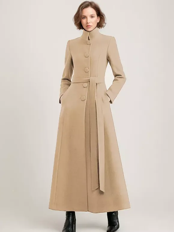 Manteau long en mélange de laine noir avec ceinture et col montant pour femme vêtement d'extérieur d'hiver long pour femme 2026