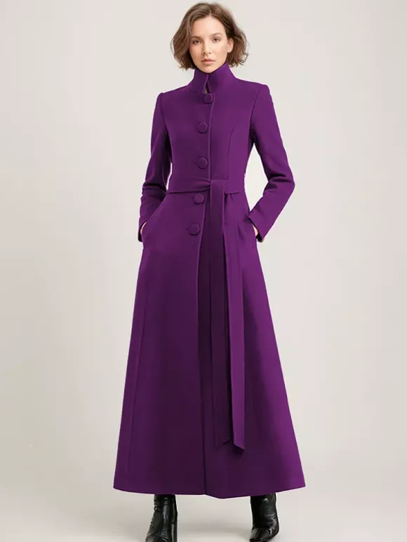 Manteau long en mélange de laine noir avec ceinture et col montant pour femme vêtement d'extérieur d'hiver long pour femme 2026