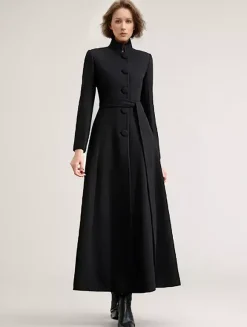 Manteau long en mélange de laine noir avec ceinture et col montant pour femme vêtement d'extérieur d'hiver long pour femme 2026