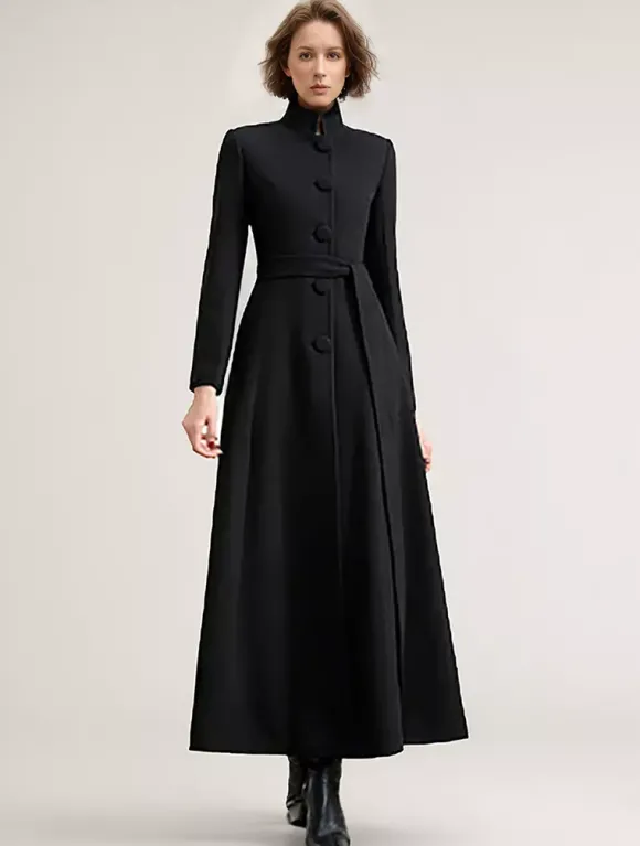 Manteau long en mélange de laine noir avec ceinture et col montant pour femme vêtement d'extérieur d'hiver long pour femme 2026