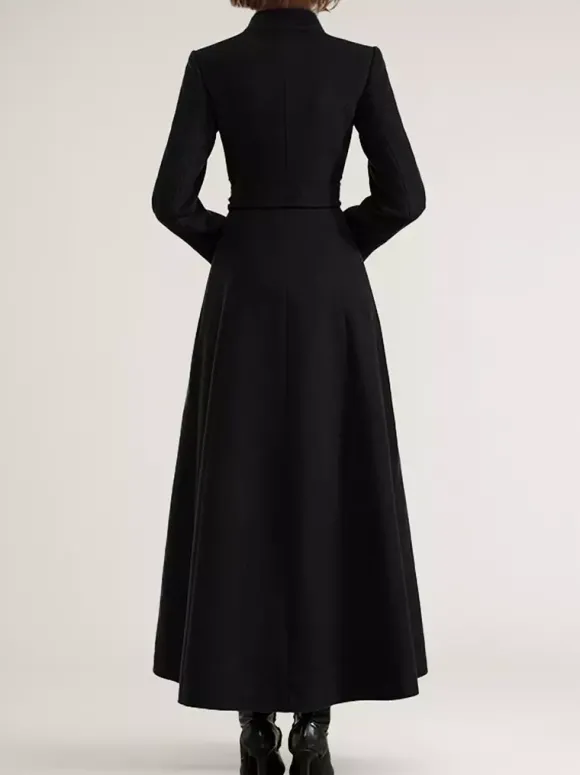 Manteau long en mélange de laine noir avec ceinture et col montant pour femme vêtement d'extérieur d'hiver long pour femme 2026