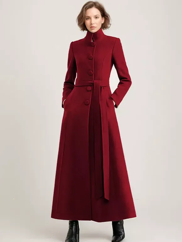 Manteau long en mélange de laine noir avec ceinture et col montant pour femme vêtement d'extérieur d'hiver long pour femme 2026