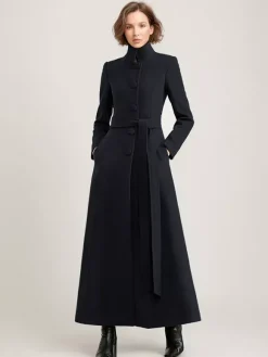 Manteau long en mélange de laine noir avec ceinture et col montant pour femme vêtement d'extérieur d'hiver long pour femme 2026