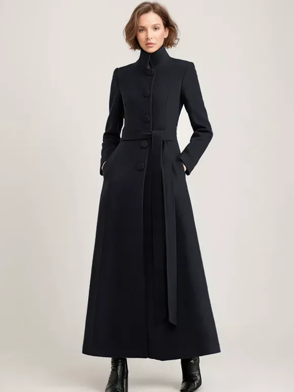 Manteau long en mélange de laine noir avec ceinture et col montant pour femme vêtement d'extérieur d'hiver long pour femme 2026