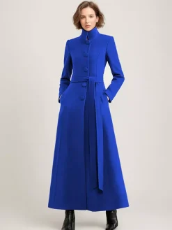 Manteau long en mélange de laine noir avec ceinture et col montant pour femme vêtement d'extérieur d'hiver long pour femme 2026