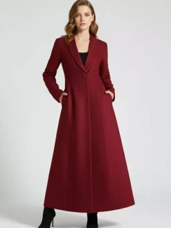 Manteau Long Femme D'hiver Pour Femme Col Rabattu Classique Bordeaux