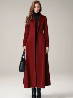 Manteau Long Femme D'hiver Pour Femme Col Rabattu Classique Bordeaux