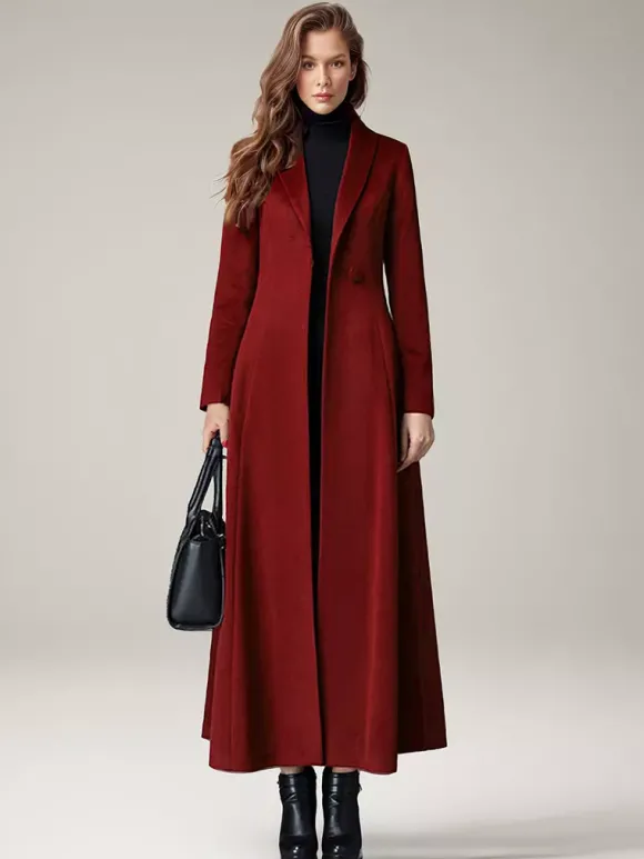 Manteau Long Femme D'hiver Pour Femme Col Rabattu Classique Bordeaux