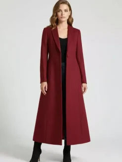 Manteau Long Femme D'hiver Pour Femme Col Rabattu Classique Bordeaux