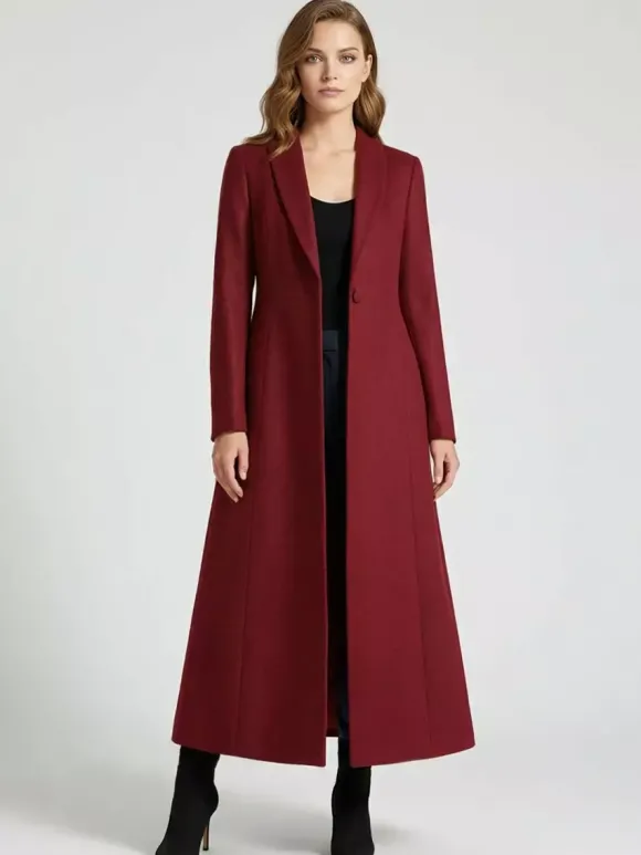 Manteau Long Femme D'hiver Pour Femme Col Rabattu Classique Bordeaux