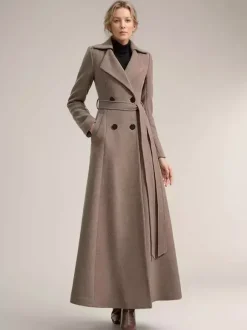 Manteau Long Femme Hiver Camel Col Rabattu Manches Longues Ceinture Manteau D'hiver Décontracté