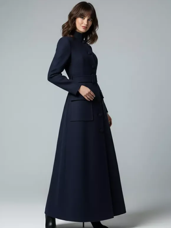 Manteau long maxi en laine avec col montant et poches à rabat pour femme 2026