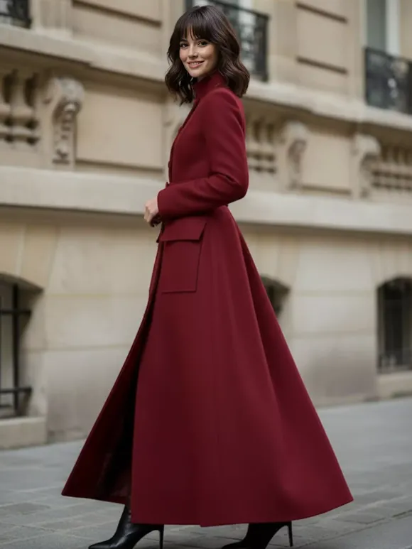Manteau long maxi en laine avec col montant et poches à rabat pour femme 2026