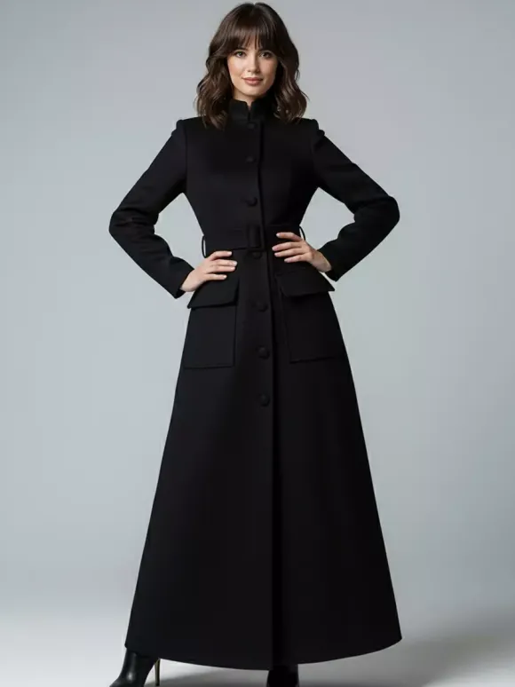 Manteau long maxi en laine avec col montant et poches à rabat pour femme 2026