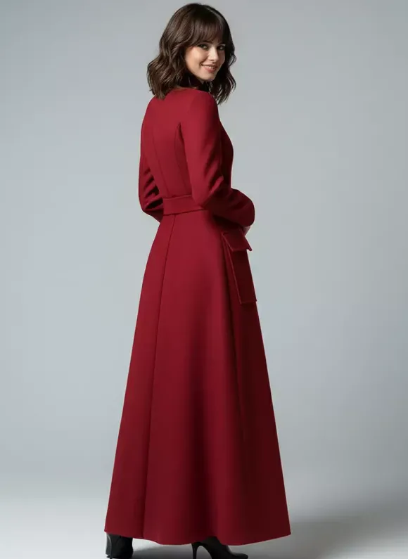 Manteau long maxi en laine avec col montant et poches à rabat pour femme 2026