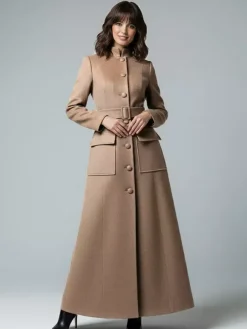 Manteau long maxi en laine avec col montant et poches à rabat pour femme 2026