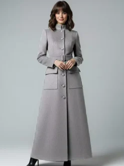 Manteau long maxi en laine avec col montant et poches à rabat pour femme 2026