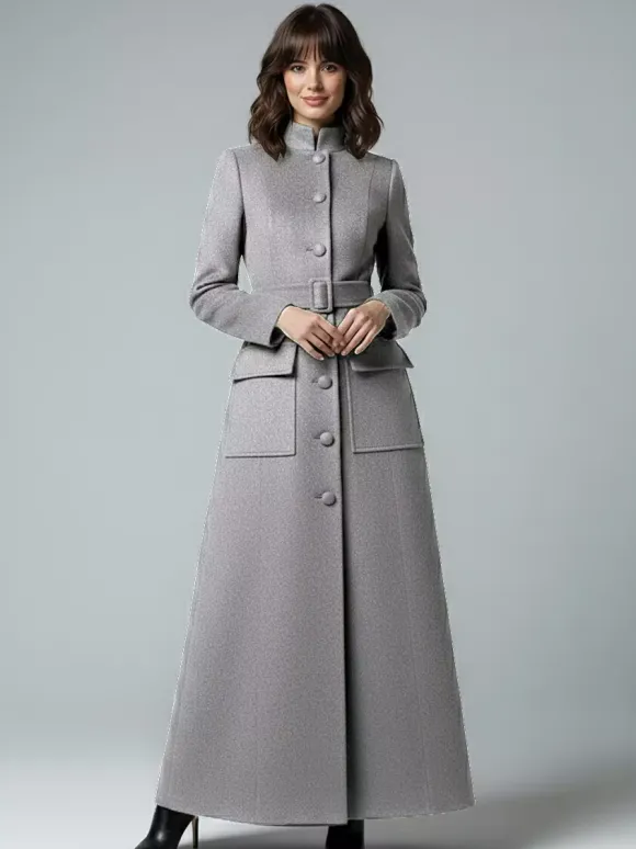 Manteau long maxi en laine avec col montant et poches à rabat pour femme 2026
