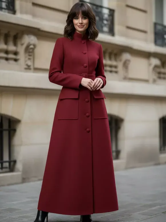 Manteau long maxi en laine avec col montant et poches à rabat pour femme 2026