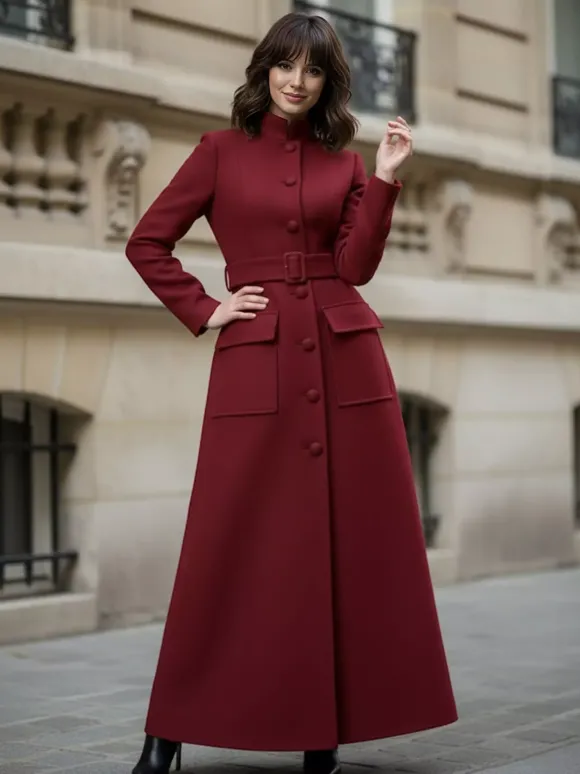 Manteau long maxi en laine avec col montant et poches à rabat pour femme 2026