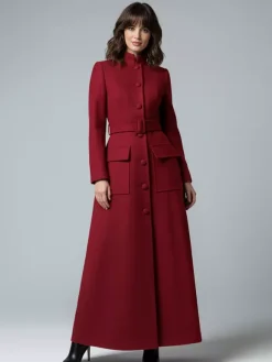 Manteau long maxi en laine avec col montant et poches à rabat pour femme 2026