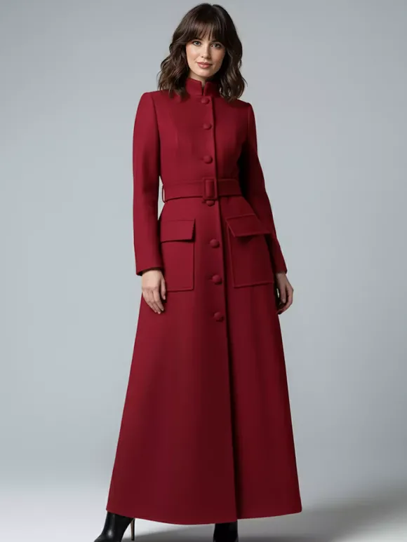 Manteau long maxi en laine avec col montant et poches à rabat pour femme 2026