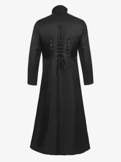 Manteau long noir pour homme style steampunk victorien rétro avec lacets au dos et double boutonnage style vintage