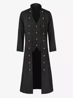 Manteau long noir pour homme style steampunk victorien rétro avec lacets au dos et double boutonnage style vintage