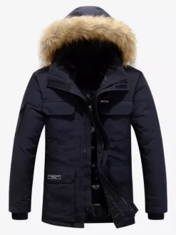 Manteau matelassé mi-long épais à capuche pour homme