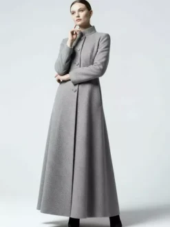 Manteau maxi trapèze en laine mélangée avec col montant pour femme 2026