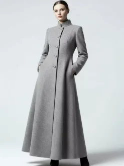 Manteau maxi trapèze en laine mélangée avec col montant pour femme 2026