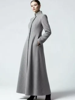 Manteau maxi trapèze en laine mélangée avec col montant pour femme 2026