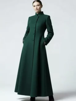 Manteau maxi trapèze en laine mélangée avec col montant pour femme 2026