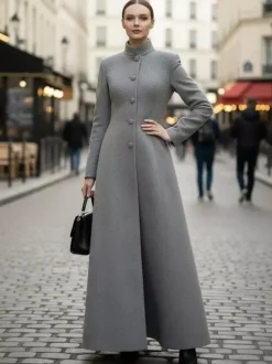 Manteau maxi trapèze en laine mélangée avec col montant pour femme 2026