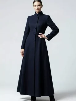 Manteau maxi trapèze en laine mélangée avec col montant pour femme 2026