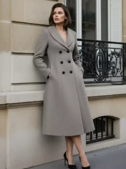 Manteau midi trapèze croisé en laine avec col châle pour femme 2026