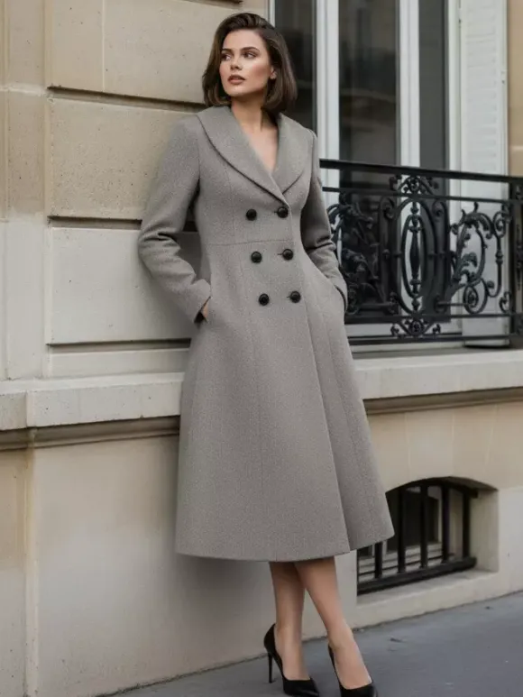 Manteau midi trapèze croisé en laine avec col châle pour femme 2026