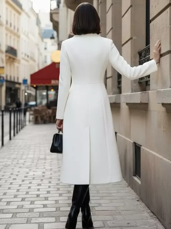 Manteau mi-long croisé en laine blanche avec revers pointus et découpe en X pour femme 2026